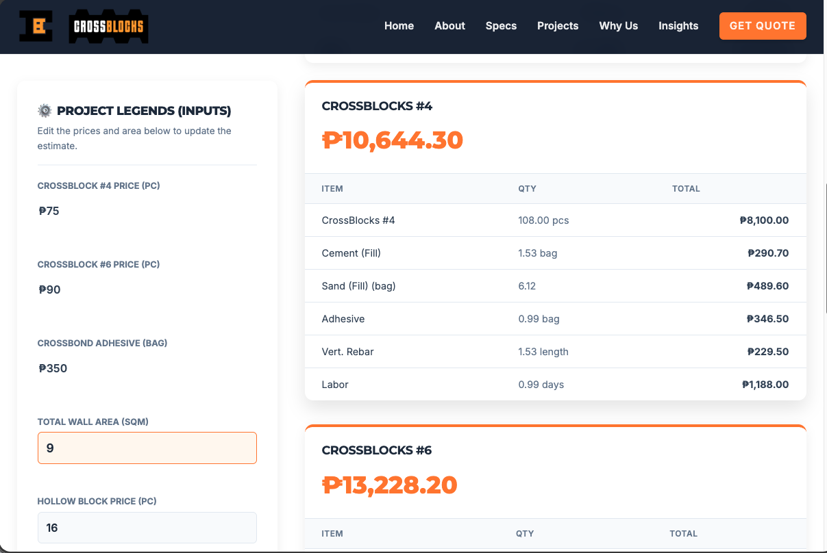 CrossBlocks Cost Calculator Interface